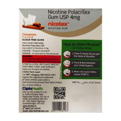 NICOTEX CINNAMON FLAVOUR SUGAR FREE 4mg Chew Gum 12's - Smoking cessation