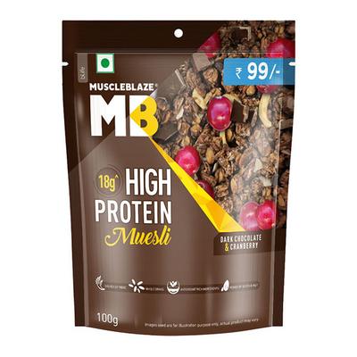 MuscleBlaze High Protein Muesli Mix - Dark Chocolate & Cranberry 100 gm - Nutritional Bars