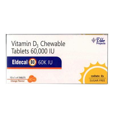 ELDECAL D3 60K IU ORANGE FLAVOUR SUGAR FREE Chewable Tablet 4's - Supplements-Vit