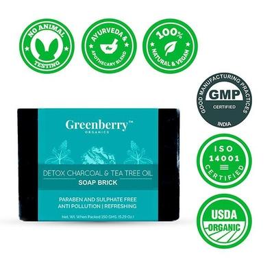 Greenberry Organics Soap Brick - Detox Charcoal & Tea Tree Oil 150 gm - Soaps