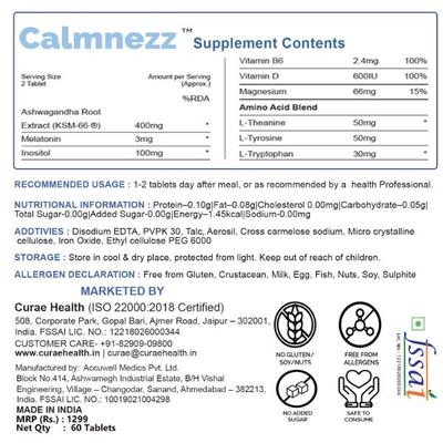 Curae Health Calmnezz Assists Sleep Tablets 60's - Mental Health