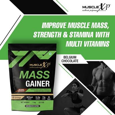 MuscleXP Mass Gainer with Multi Vitamin Powder - Belgium Chocolate 1 kg - Workout Essentials