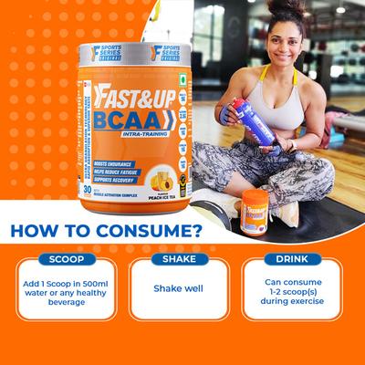 Fast&Up BCAA Intra Training Supplement (30 Servings) - Peach Ice Tea Flavour 450.6gm - Workout Essentials