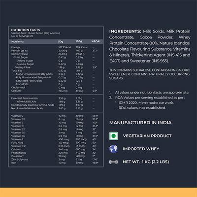 Nutrabay Gold Vital Whey Protein Powder - Belgian Chocolate 1 kg - Whey Proteins