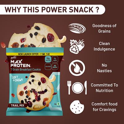 RiteBite Max Protein 7 Grain Breakfast Cookie - Trail Mix (Pack of 12 x 55 gm) - Nutritional Bars
