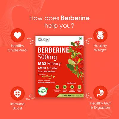 Origins Nutra Berberine 500 mg Veg Capsule (Pack of 2 x 15's) - Herbal Dietary Supplement
