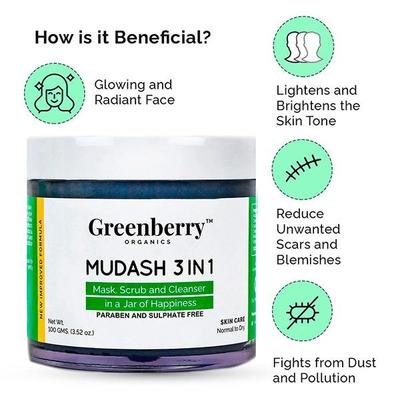 Greenberry Organics Mudash 3-in-1 Mask, Scrub & Cleanser 100 gm - Scrubs & Exfoliants