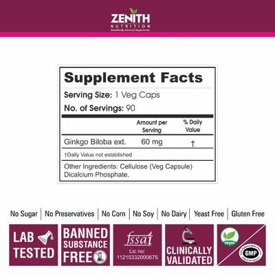 Zenith Nutrition Gin kgo Biloba 60 mg Capsules 90's - Herbal Dietary Supplement