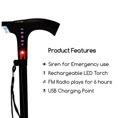 MCP Jindal Smart Height Adjustable Walking Stick (FM Radio + SOS + Siren + Torch + Rechargeable) - Wheelchairs & Walking Sticks