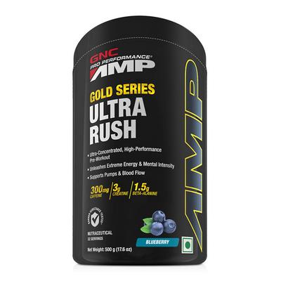 GNC Pro Performance AMP Gold Series Ultra Rush Powder - Blueberry Flavour 500 gm - Workout Essentials