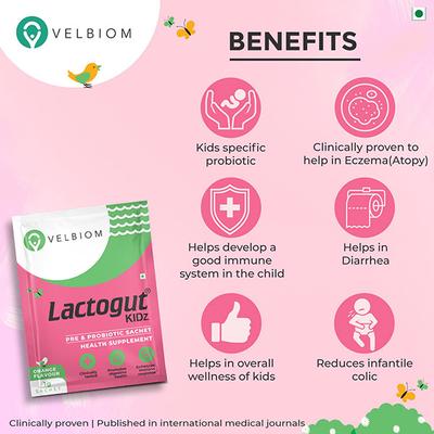 Velbiom Lactogut Kidz Pre & Probiotic Sachet - Orange (10's x 1 gm) - Digestive Health