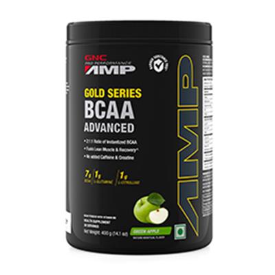 GNC AMP Gold Series BCAA Advanced Powder with Vitamin B6 - Green Apple Flavour 400 gm - Bcaa Supplements