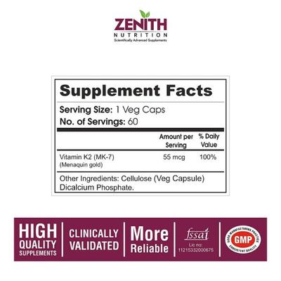 Zenith Nutrition Vitamin K2 as MK7 55 mcg Capsule 60's - Multi-Vitamins