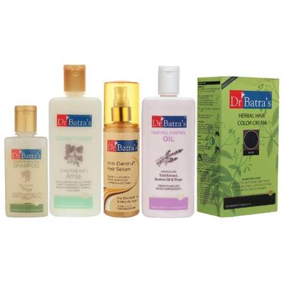Dr Batra's Dandruff Cleansing Shampoo 100 ml + Conditioner 200 ml + Anti-Dandruff Hair Serum 125 ml + Hair Fall Control Oil 200 ml + Herbal Hair Color Cream - Black - Hair Treatment