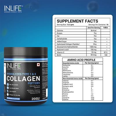 INLIFE Hydrolyzed Type 1 & 3 Collagen Peptides Powder - Blueberry Flavour 200 gm - Hair & Skin