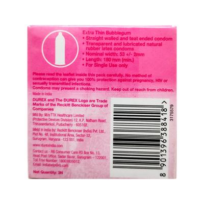 Durex Extra Thin Condoms - Bubblegum 3's - Plain/Flavoured Condoms