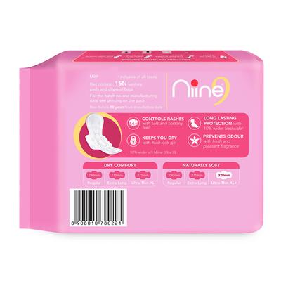 Niine Naturally Soft Sanitary Pads with Biodegradable Disposal Bags - Ultra Thin XL+ (Pack of 3 x 15's) - Sanitary Napkins