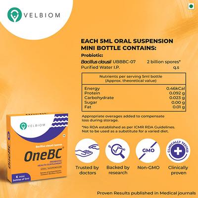 Velbiom OneBC Probiotic Oral Suspension (Pack of 6 x 5 ml) - Digestive Health