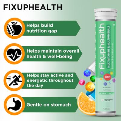 FixUpHealth Biotin Effervescent Tablet - Orange Flavour 20s & FixUpHealth Multivitamins and Multiminerals Effervescent Tablet - Orange Flavour 20s 1's - Hair & Skin