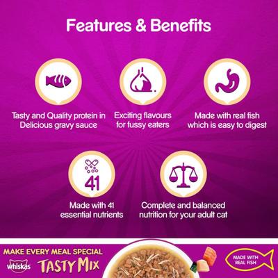 Whiskas Tasty Mix Chicken with Salmon Wakame Seaweed in Gravy (Pack 70gm x 24) 1680 gm - Petfood