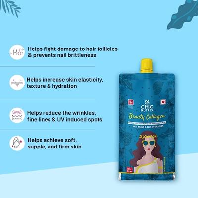 Chicnutrix Beauty Collagen - Marine Collagen Peptides & Hyaluronic Acid Gel Shots - Citrus Flavour (Pack of 15 x 30 ml) - Hair & Skin