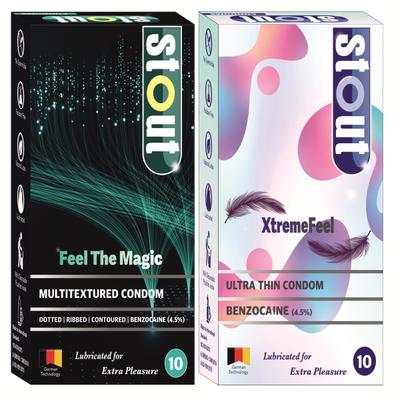 Stout Multitextured Feel The Magic Condoms 10's + Stout Ultra Thin XtremeFeel Condoms 10's (Combo Pack) 1's - Plain/Flavoured Condoms