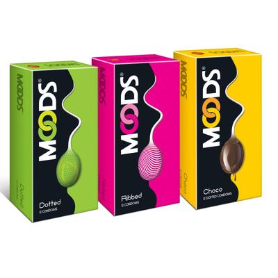 Moods Condoms Combo - Dotted + Ribbed + Choco (Pack of 12's Each) - Plain/Flavoured Condoms