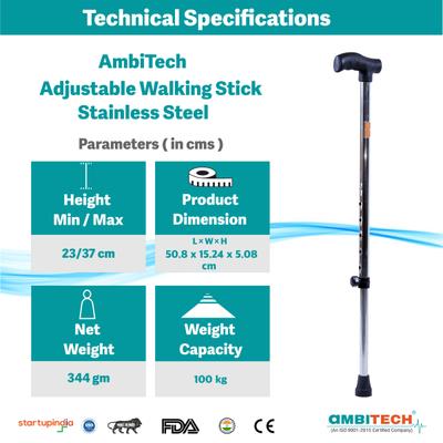 AmbiTech Premium Stainless Steel Height Adjustable Single Walking Stick 1's - Walker & Walking Stick