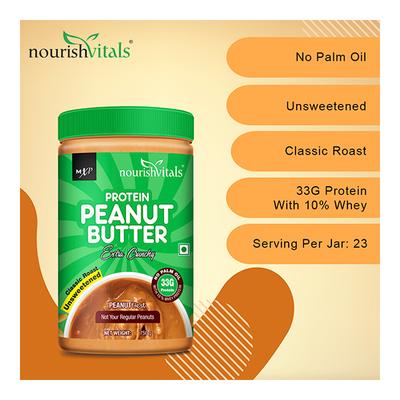 NourishVitals Protein Peanut Butter (Extra Crunchy) - Unsweetened 750 gm - Nutritional Bars
