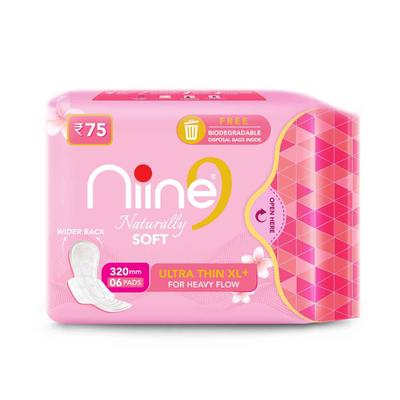 Niine Naturally Soft Sanitary Napkin with Biodegradable Disposable Bags - Ultra Thin XL+ 6's - Sanitary Napkins