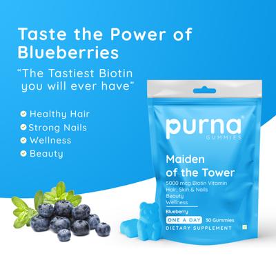 Purna Gummies Biotin Blueberry Flavour Gummy for Hair, Nails and Skin, 1 daily 30's - Hair & Skin