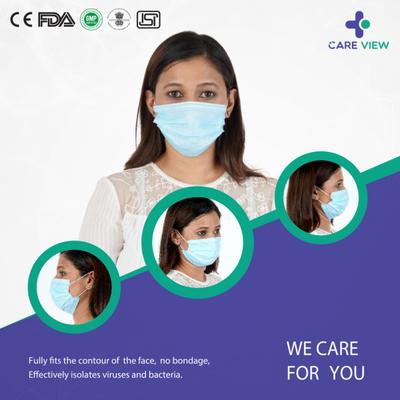 Care View 3 Ply Disposable Surgical Face Mask With Nose Pin - Blue 100's - Face Mask