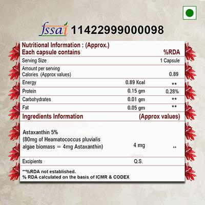 Health Veda Plant Based Astaxanthin 4 mg Veg Capsule 60's - Herbal Dietary Supplement