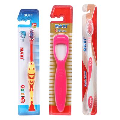 MAXI Oral Care Family Combo Pack - Soft (Oval Grip 2's + Goldie Junior 2's + Tongue Cleaner-No.1 2's) - Toothbrushes