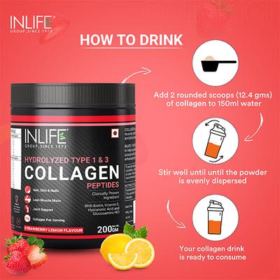 INLIFE Hydrolyzed Type 1 & 3 Collagen Peptides Powder - Strawberry Lemon Flavour 200 gm - Hair & Skin