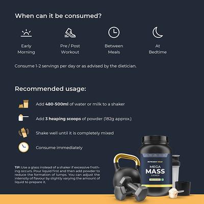 Nutrabay Gold Mega Mass Gainer Powder - Vanilla Ice Cream 1 kg - Weight Gain