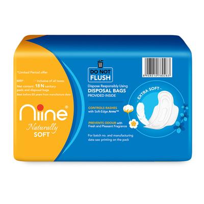 Niine Naturally Soft Sanitary Pads with Biodegradable Disposable Bags - Regular (Pack of 4 x 18's) - Sanitary Napkins
