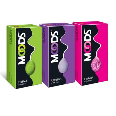 Moods Condoms Combo - Dotted + Ultrathin + Ribbed (Pack of 12's Each) - Plain/Flavoured Condoms