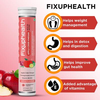 FixUpHealth Apple Cider Vinegar Effervescent Tablet - Apple Flavour 20's & FixUpHealth Electrolytes Effervescent Tablet - Lemon Flavour 20's - Multi-Vitamins
