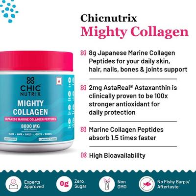 Chicnturix Mighty Collagen Powder - Japanese Marine Collagen Peptides Lemonade Flavour 237 gm - Hair & Skin