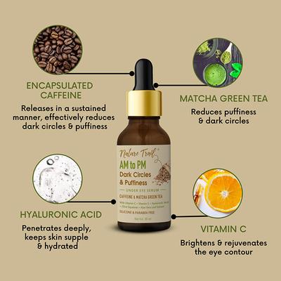 Nature Trail AM to PM Under Eye Serum with Caffeine, Matcha Green Tea, Vit C, Hyaluronic Acid 30 ml - Under Eye Creams & Serums