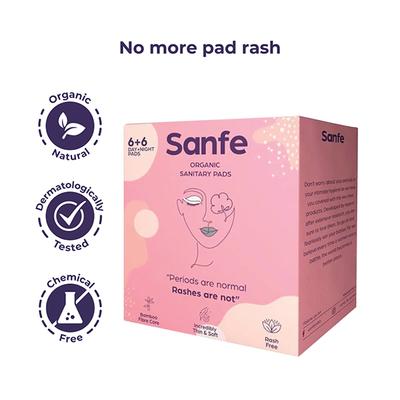 Sanfe Organic Sanitary Pads - Combo Pack (6 Day Pads + 6 Night Pads) - Sanitary Napkins