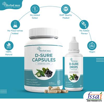 Herbal Max D-Sure Kit Diabetic Care Kit (D Sure Capsule 60's + D Sure Drops (Pack of 4 x 50 ml)) - Diabetes (Fitness)