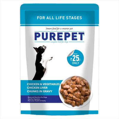 Purepet Wet Dog Food, Chicken and Vegetable Chunks in Gravy, 24 Pouches (24 x 70g) 1600 gm - Petfood