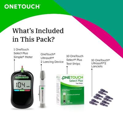 OneTouch Select Plus Simple Blood Glucose Monitoring System (Free 10 Test Strips + Lancing Device + 10 Lancets) - Blood Glucose Monitors/Strips