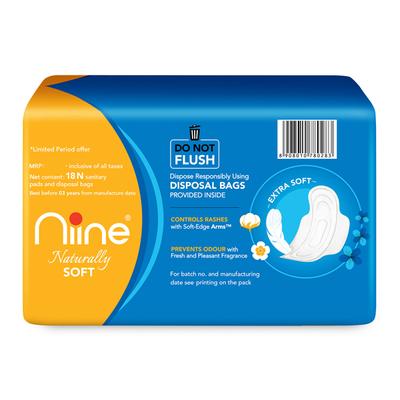 Niine Naturally Soft Sanitary Pads with Biodegradable Disposable Bags - Regular (Pack of 2 x 18's) - Sanitary Napkins