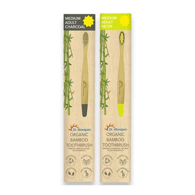 Dr.Morepen Organic Bamboo Adult Toothbrush Combo Pack (Medium - Charcoal 1's, Neon 1's) - Toothbrushes