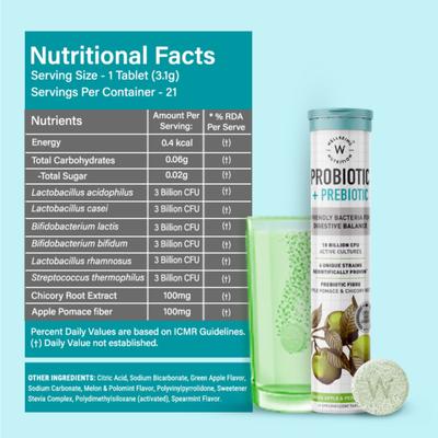 Wellbeing Nutrition Probiotic + Prebiotic Fibre Effervescent Tablet - Green Apple & Peppermint 21's - Digestive Health