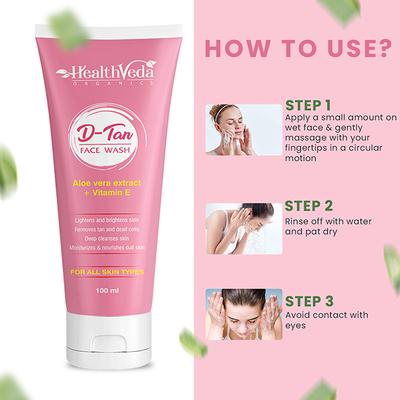 Health Veda D Tan Face Wash - Aloe Vera Extract + Vitamin E 100 ml - Face Washes