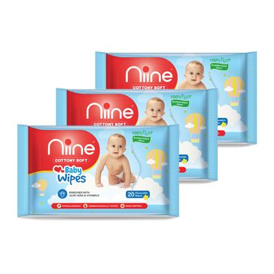 Niine Cottony Soft Baby Wipes (Pack of 3 x 20's) - Diapers & Wipes